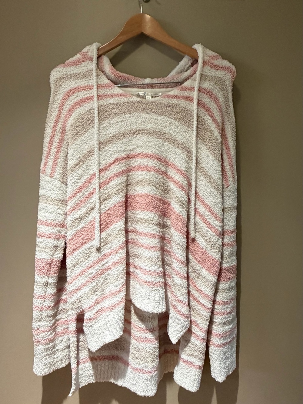 Seven7 Cream and Pink Striped fuzzy Hooded Oversized Sweater L